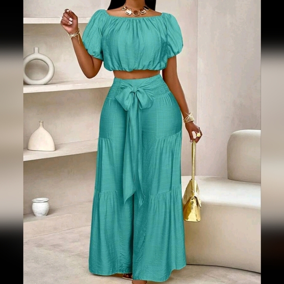 One-Shoulder Puff-Sleeved Ruffled Strapless Crop Top And Wide Leg Pants Set - Picture 1 of 4